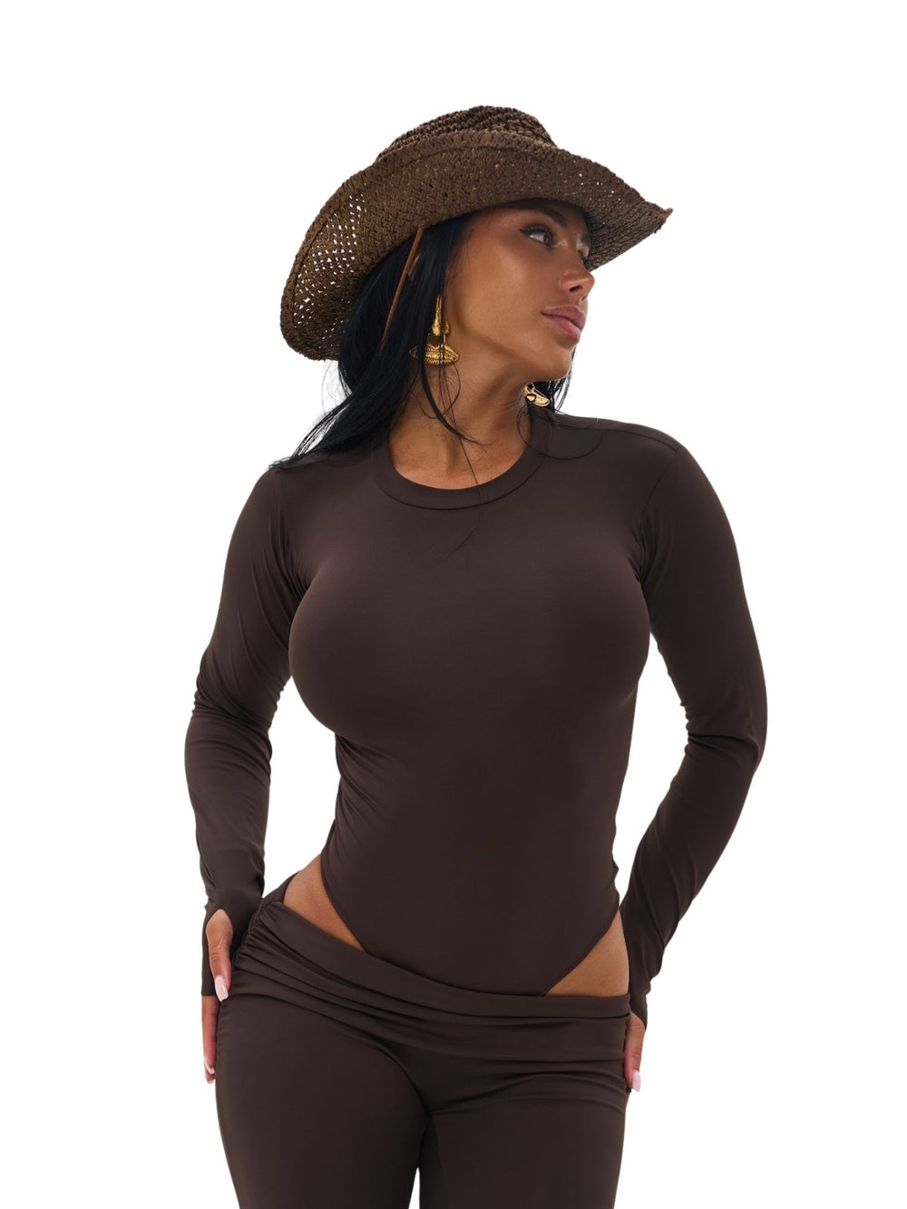 BODY THONG MANCHES LONGUES - MARRON